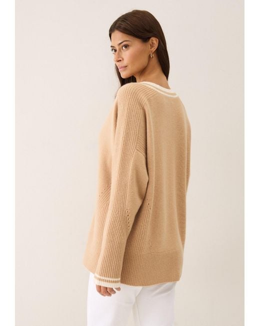Loop Cashmere Natural Neutrals Striped Tipped V Neck Lofty Cardigan