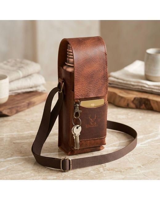 Anatoliacraft Brown Leather Water Bottle Crossbody Bag With Utility Pocket for men