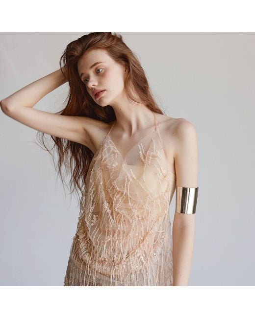 Belsize25 Natural Mayfair Series – Sheer Beaded Tassel Mesh Top