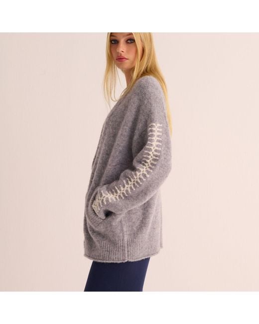 Mamu Dream Gray Soft Marl Alpaca Blend Cardigan With Ivory Stitch Detail