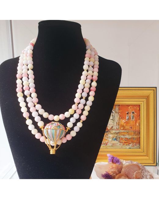 Way to Chic Metallic Morganite Beaded Necklace With Hot Air Balloon Brooch
