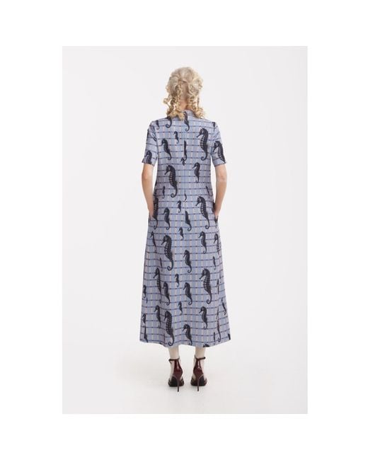 Julia Allert Gray Neutrals Pale Seahorse Grid Print Fluid A-Line Dress – Capsule Edition