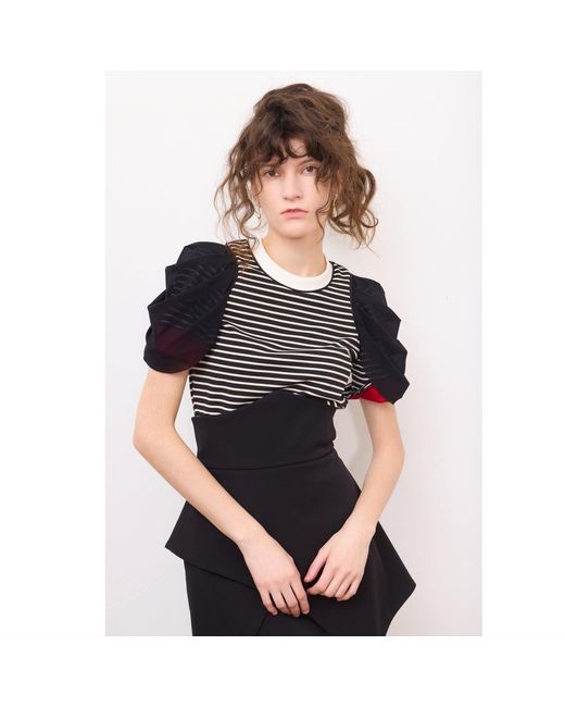 Julia Allert Black Striped Knit Blouse With Mesh Puff Sleeves