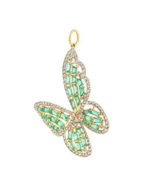 Artisan Green Yellow Gold Diamond Butterfly Pendant Emerald Gemstone