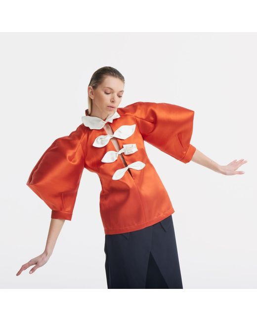Julia Allert Orange Taffeta Deep V-Neck Blouse With Satin Floral Detail – Terracotta