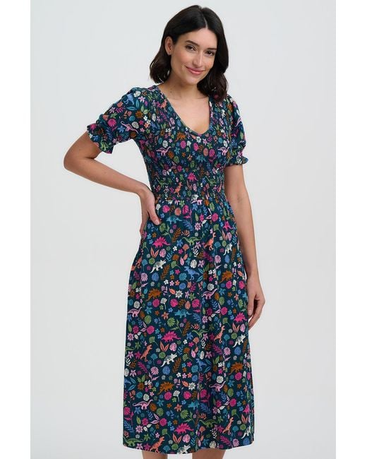 Sugarhill Blue Daphne Shirred Jersey Midi Dress, Multi, Hidden Dinosaur