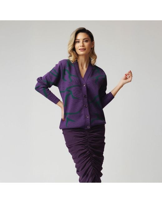 concept A trois Blue Cardigan With Branches, "V" Neckline, Knitted With Crystal Buttons