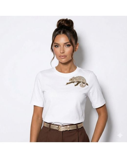 House of Laines London White Laines Couture Embellished Chameleon T-Shirt