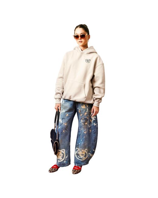 X Ilona Blue White Neutrals Graffiti Teddy Bear Cotton Cream Vintage Wash Hoodie for men