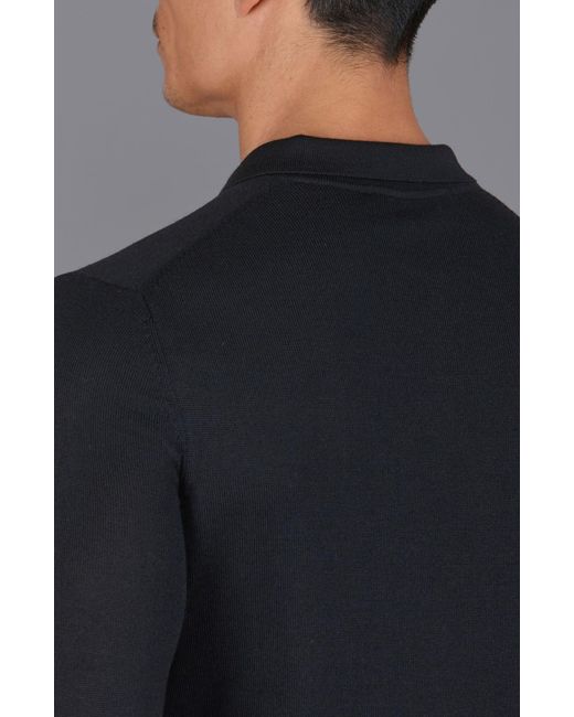 Paul James Knitwear Blue Extra Fine Merino Wool Turner Long Sleeve Polo Shirt for men