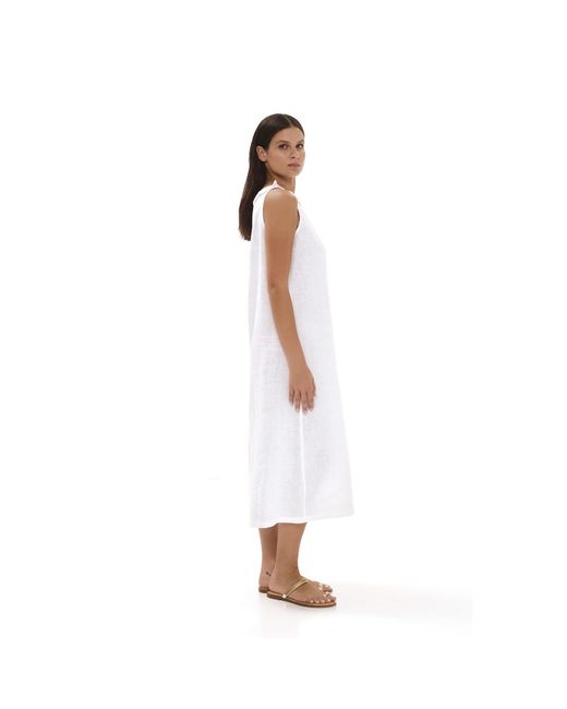 Haris Cotton White Sleeveless Linen Dress With Butterfly Neck