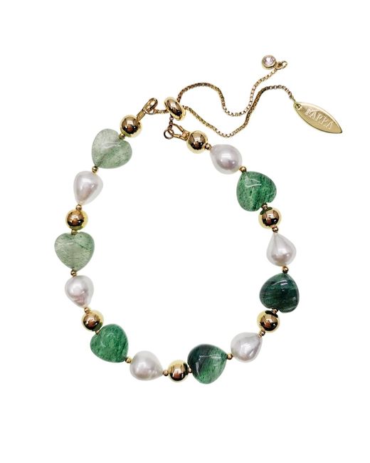 Farra Green Heart Shaped Aventurine With Freshwater Pearls Adjustable Bracelet