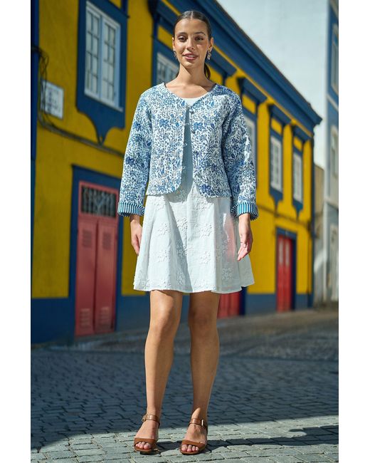 Yumi' Blue Boho Floral Print Cropped Reversible Cotton Quilted Jacket