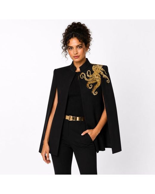 House of Laines London Black Laines Couture Tailored Cape With Embellished Octopus