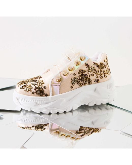 Rettrose Natural Neutrals Diana Luxury Buttermilk Satin Handmade Embellished Trainer