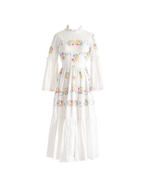 Sugar Cream Vintage White Re-design Upcycled Ruffle Necked Colorful Floral Maxi Dress