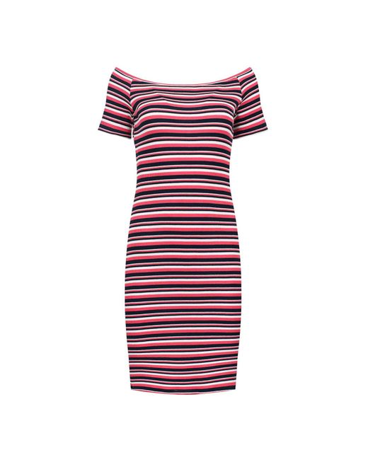 Conquista Red Striped Off-Shoulder Fitted Viscose Dress