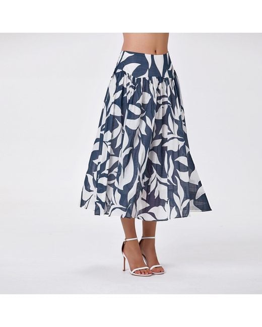 Smart and Joy Blue Midi Cotton Skirt With Leaf Print