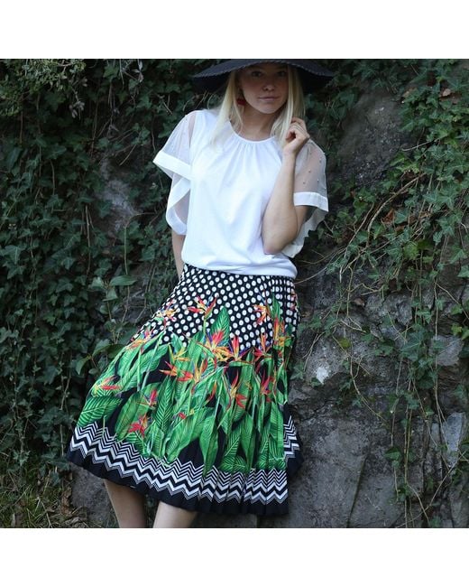Lalipop Design Green Polka Dot & Palm Tree Print Pleated Skirt