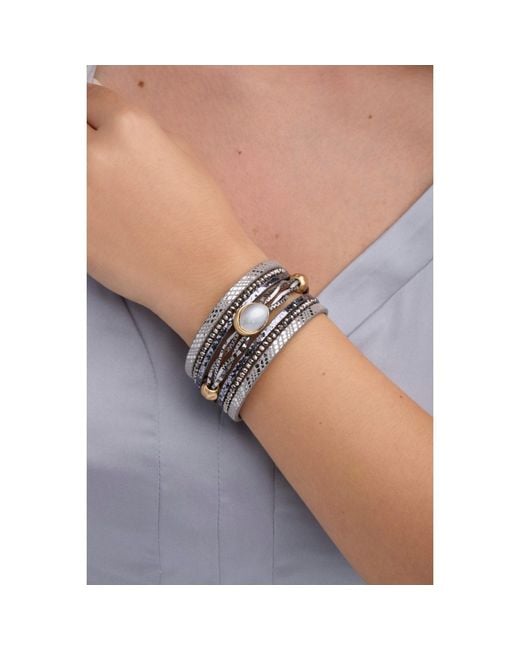 Saachi Gray Leather Beaded Orb Bracelet