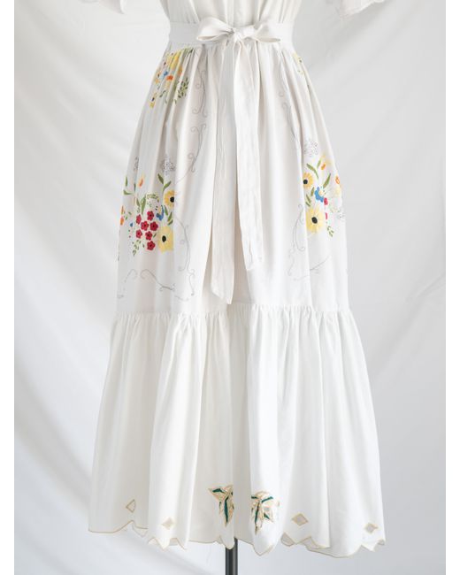 Sugar Cream Vintage White Re-design Upcycled Hand Embroidered Colorful Floral Motifs Maxi Dress