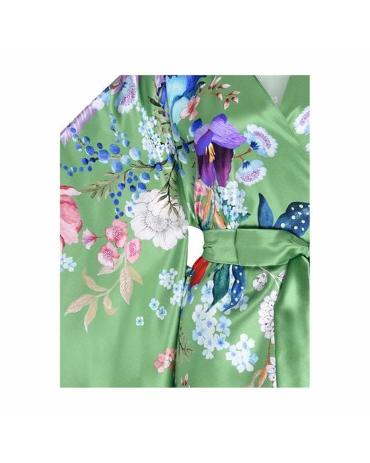 Meng Green Paris Watercolour Flowers Silk Satin Wrap Dress