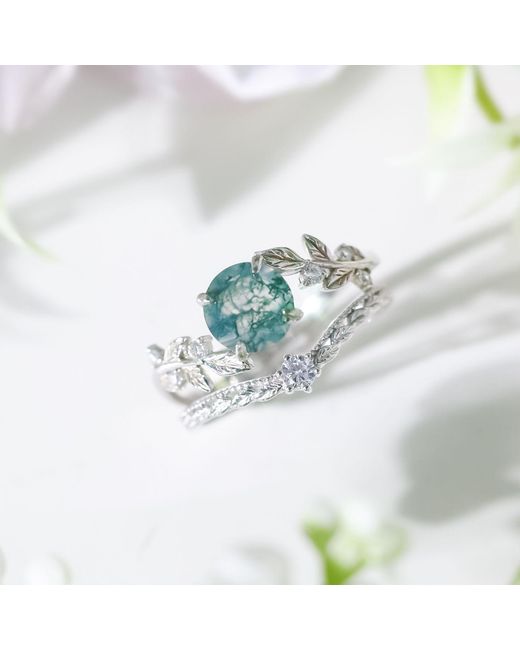 Azura Jewelry New York White Between The Leaf Round Moss Agate Ring Vermeil