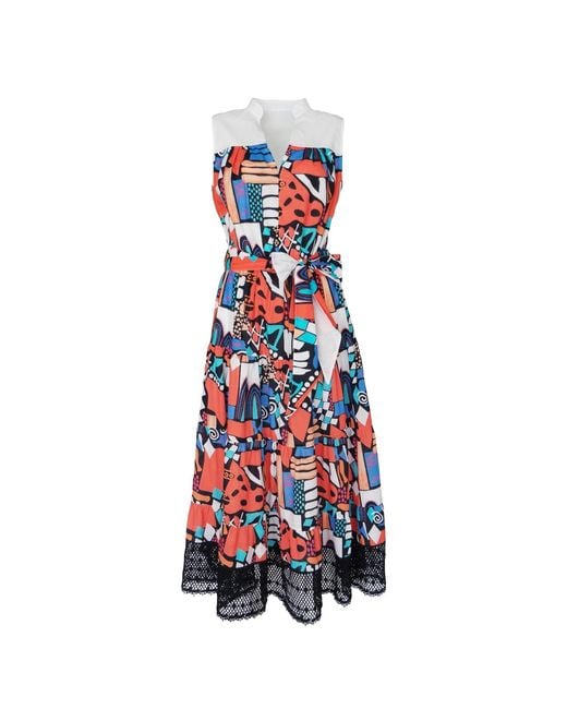 Lalipop Design Blue Long Sleeveless Voile Dress With Black Embroidery Detail