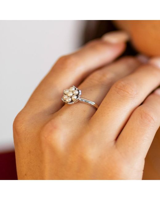 Lucy Quartermaine Metallic Solid Sterling Royal Pearl Flower Ring