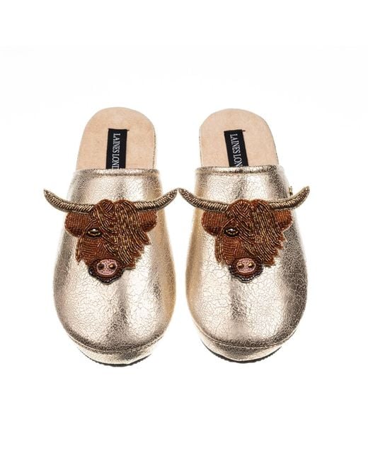 Laines London Metallic Softie Slippers With Double Highland Cow Brooches