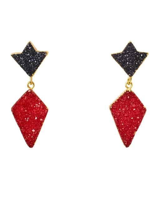 YAA YAA LONDON Princess Red Black Druzy Gold Earrings