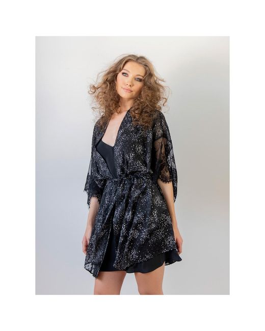 concept A trois Black Printed Veil Kimono With Chantilly Lace Details