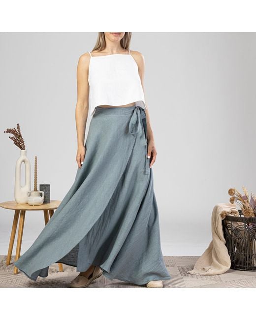 Nikka Place Blue Summer Beach Linen Wrap Skirt With Tie