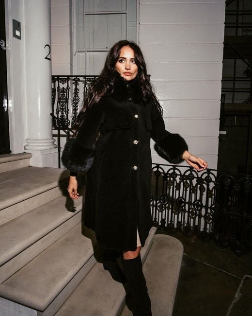 Santinni Black Hayworth Wool & Faux Fur Coat