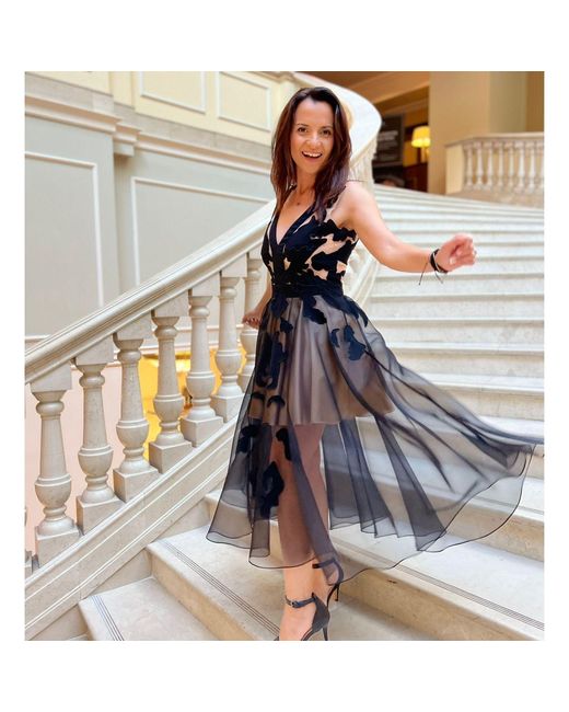 ALINA CERNĂTESCU Black Neutrals Fado And Silk Midi Dress Handcrafted Embroidery For Eveningwear
