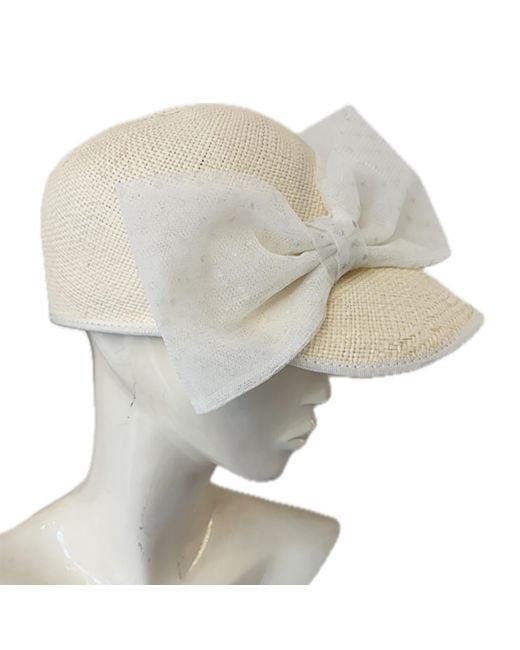 Misa Harada Millinery White Judy Straw Cap With Polka Dot Tulle Bow