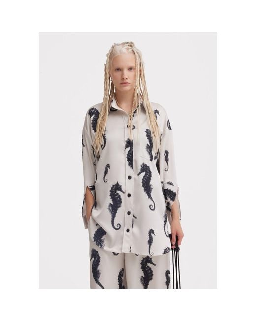 Julia Allert Gray Seahorse Print Paperbag Wide-Leg Palazzo Trousers – Ivory
