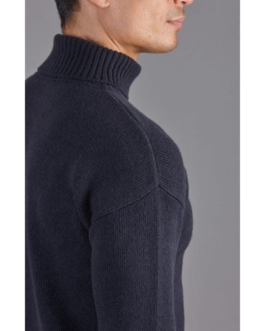 Paul James Knitwear Blue Merino Alessandro Cashmere Submariner Roll Neck Jumper for men