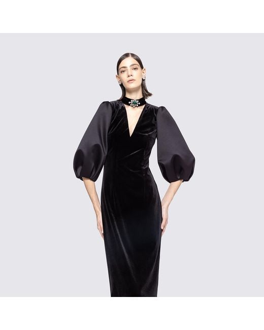 Nissa Black Puff Sleeves Velvet Midi Dress