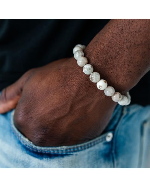 Shar Oke White Coral, Moonstone & Diamonds Beaded Bracelet for men