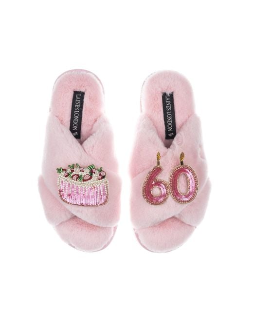 Laines London Pink Classic Laines Slippers With 60Th Birthday & Cake Brooches
