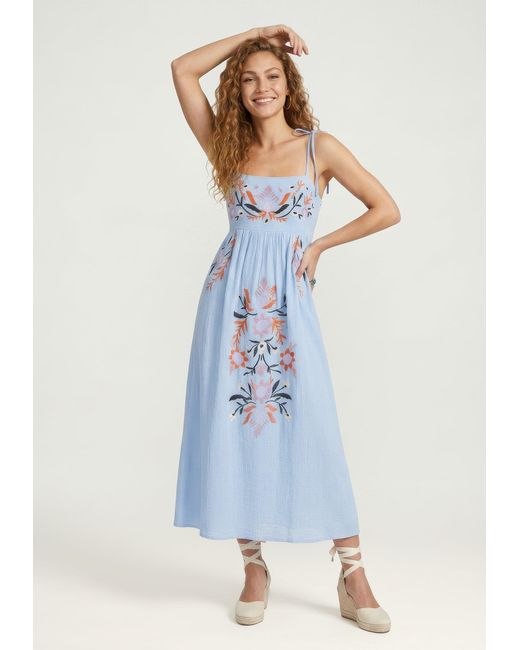 Raffya Blue Furla Smocked Panel Embroidered Midi Dress