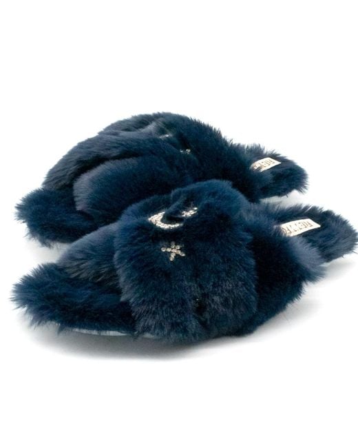 Rettrose Blue Isabel Luxury Plush Diamanté Embellished Handmade Slipper
