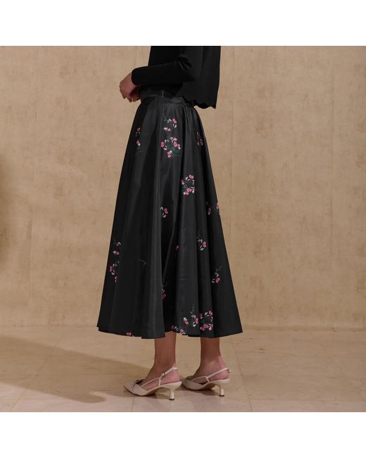 Roch Perel Gray Floral Taffeta Midi Skirt