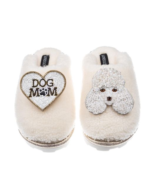 Laines London Metallic Teddy Closed Toe Slippers With Pearl The Poodle & Dog Mum Mom Brooches