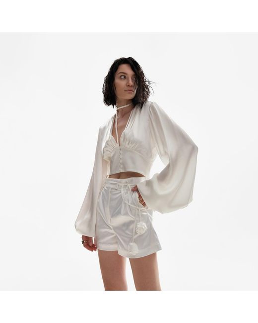Lita Couture White Ample-Sleeve Satin Top