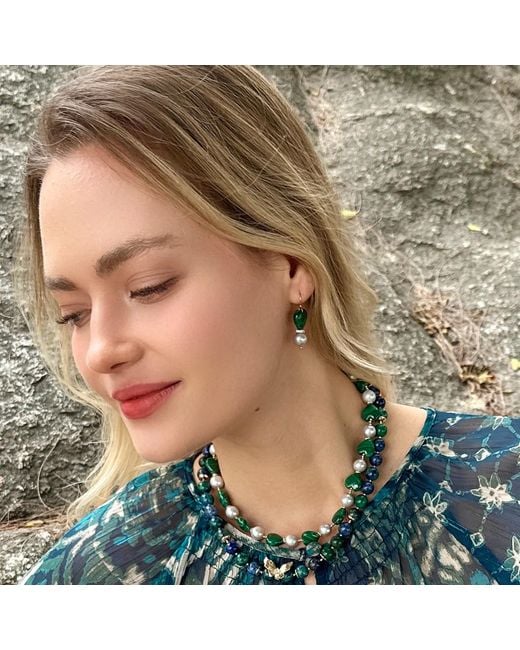 Farra Green Heart Malachite With Freshwater Pearls Dangle Earrings