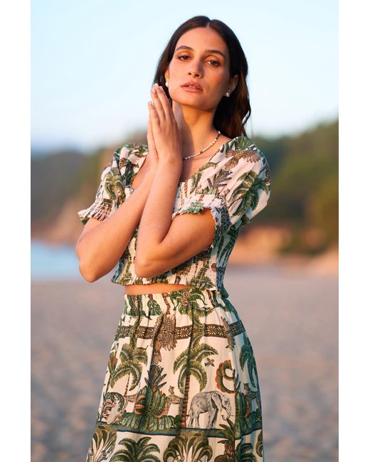 Yumi' Green Cotton Voile Safari Ruched Crop Top