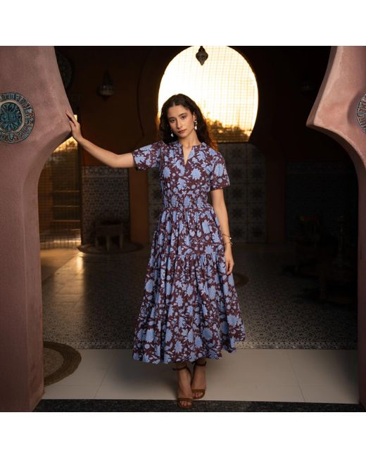 Echo of Pink Blue Evelyn Hand Block Print Maxi Cotton Tiered Dress