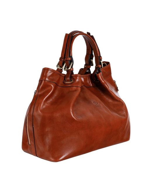 Time Resistance Brown Cognac Leather Tote Bag For